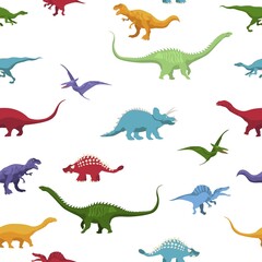 Vector cartoon seamless pattern with dinosaurus over white