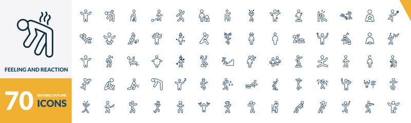 outline feeling and reaction icons set. editable linear exhausted human, hurt human, guilty human, and other 67 icons in this category isolated on transparent background.