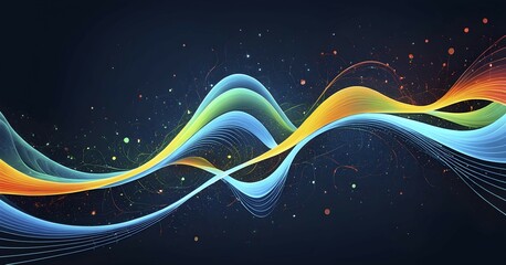 Abstract illustration of digital wave forms and circuits converging to form abstract symbols of various sports, then dispersing into flowing particles, AI generated