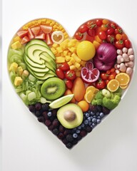 Heart-shaped bowls with healthy food, fruit, vegetables, nutrition, white background, AI generated