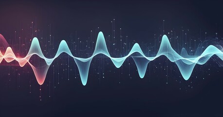 Abstract illustration of digital wave forms and circuits converging to form abstract symbols of various sports, then dispersing into flowing particles, AI generated