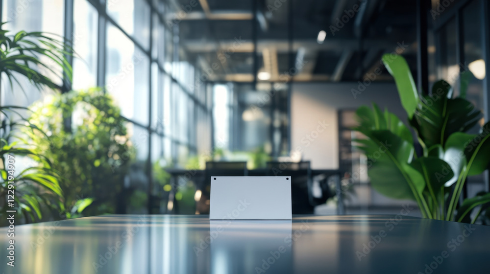 Canvas Prints modern office space featuring blank sign on table, surrounded by lush greenery and large windows, creating bright and inviting atmosphere