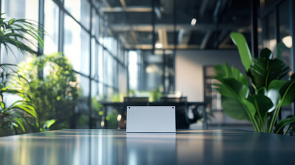 modern office space featuring blank sign on table, surrounded by lush greenery and large windows, creating bright and inviting atmosphere