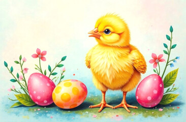 Yellow chicks and colorful Easter eggs. Easter holiday concept.