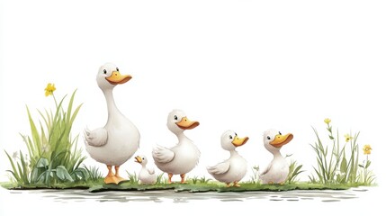 Charming Cartoon Family of Ducks Walking by the Water's Edge