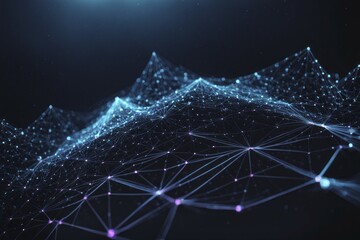 Abstract network with blue and purple glowing points and connections against a dark background, AI generated