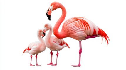 Fototapeta premium Elegant Flamingo Family Standing Gracefully on White Background