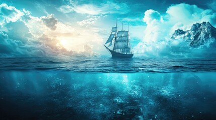 Obraz premium Majestic sailing ship in serene ocean under dramatic clouds