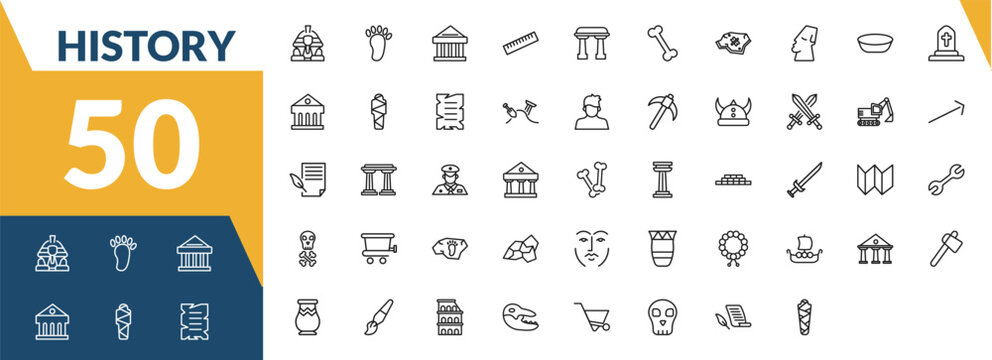 outline history icons set. editable linear foot print, ancient, ruler, and other 47 icons in this category isolated on transparent background.