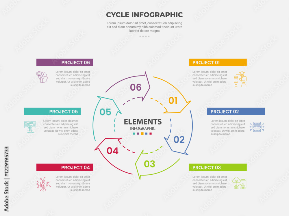 Poster cycle base infographic outline style with 6 point template with circular arrow shape base on center 