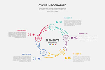 cycle base infographic outline style with 5 point template with circular circle with thin arrow line direction for slide presentation