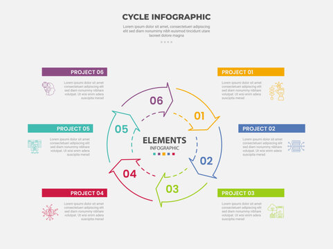 cycle base infographic outline style with 6 point template with circular arrow shape base on center for slide presentation