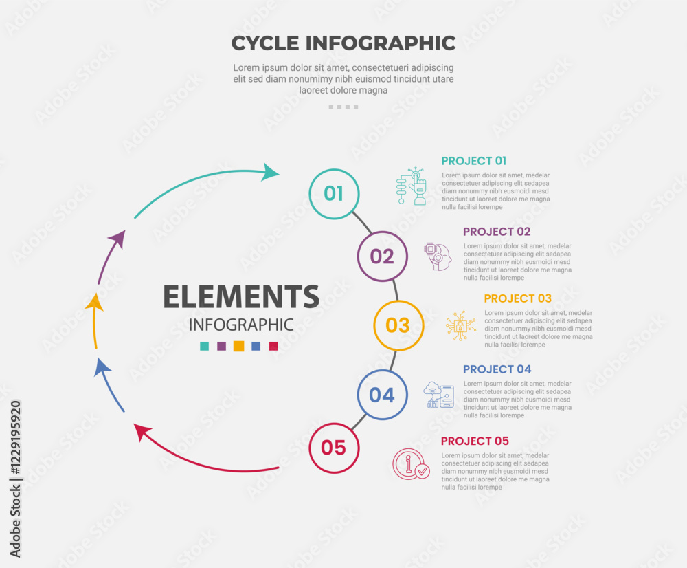 Poster cycle base infographic outline style with 5 point template with big circle arrow line slice circular