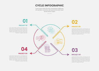 cycle base infographic outline style with 4 point template with unbalance circle with arrow line direction for slide presentation