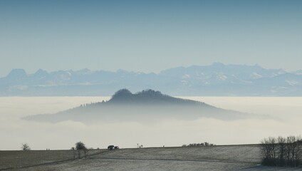 The Hohenstoffeln surrounded by fog - Konstanz district, Baden-Wuerttemberg, Germany, Europe., Europe