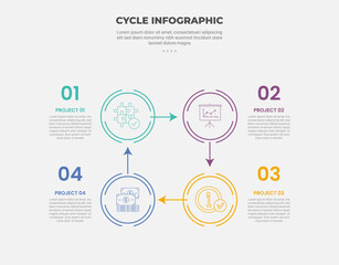 cycle base infographic outline style with 4 point template with circle square structure with arrow direction for slide presentation