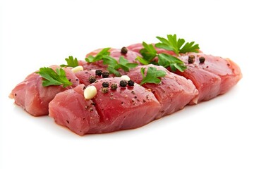 Fototapeta premium Fresh Cuts of Red Meat on a White Background Garnished with Parsley, Black Pepper, and Pine Nuts, Ideal for Culinary Presentations and Recipe Illustrations