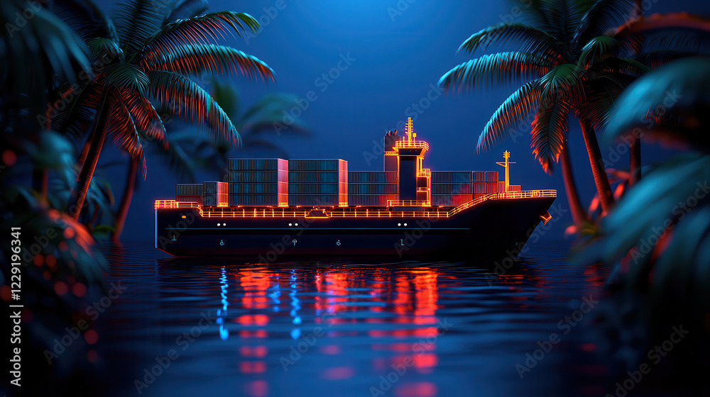 Poster 3d hologram of large cargo ship illuminated by neon lights, surrounded by palm trees and reflecting 