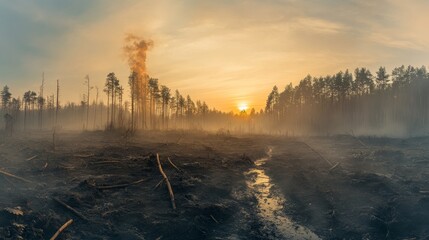 Obraz premium A serene forest landscape at sunset with smoke rising in a misty atmosphere. The beauty of nature is captured amidst environmental challenges.