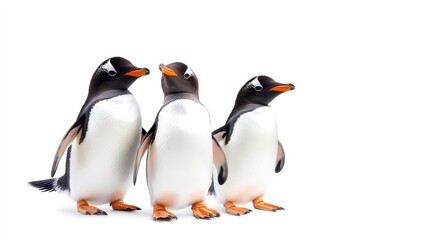 Obraz premium Three Playful Penguins Standing Together on White Background