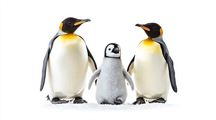 Fototapeta premium Adorable emperor penguin family with chick against white background