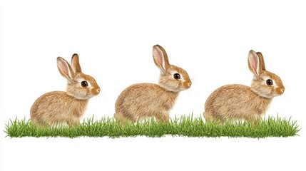 Obraz premium Three Adorable Rabbits Hopping on Green Grass in a Bright Setting