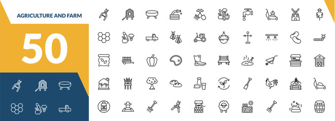 outline agriculture and farm icons set. editable linear chicken coop, trough, hose, and other 47 icons in this category isolated on transparent background.