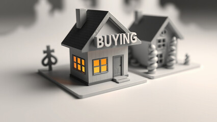illustration of buying a house, miniature house with a buy sign