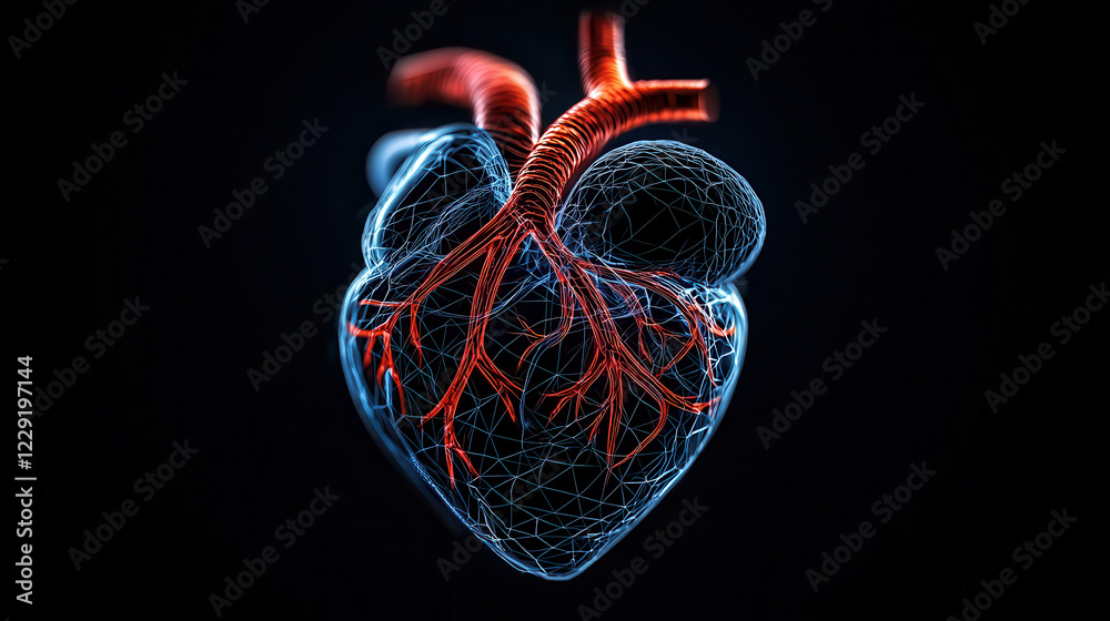 Poster 3D rendered image of human heart with digital arteries, showcasing intricate details and vibrant colors. This visual representation highlights complexity of cardiovascular system