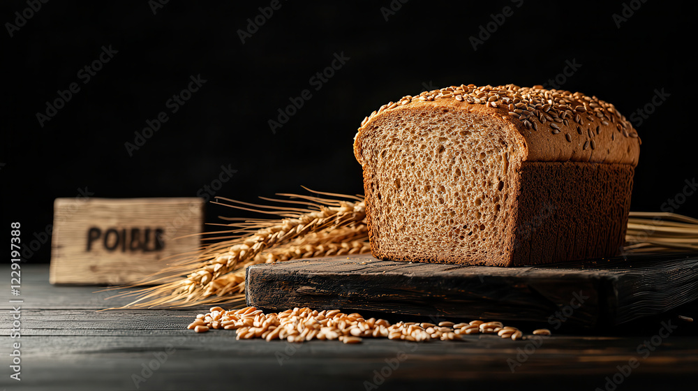 Poster fresh whole wheat bread on rustic wooden board with wheat stalks and seeds, creating warm and inviti