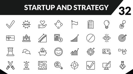 outline startup and strategy icons set. editable linear new product, care, adaptation, and other 29 icons in this category isolated on transparent background.