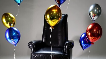 Focus on the black luxury armchair as the centerpiece in a minimalist setting. Glitter balloons in vibrant colors like gold, silver, red, and blue fall gracefully . - Powered by Adobe