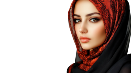 Young woman wearing a stylish hijab with intricate patterns depicts beauty and elegance in contemporary fashion