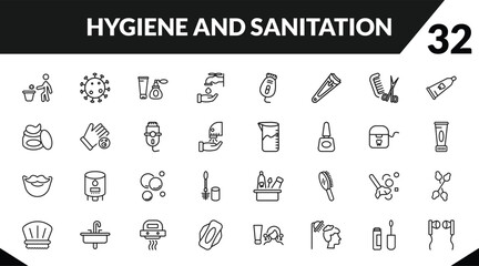 outline hygiene and sanitation icons set. editable linear pathogen, cosmetics, ablution, and other 29 icons in this category isolated on transparent background.