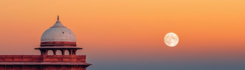 Obraz premium Stunning sunset with a mosque under a full moon.