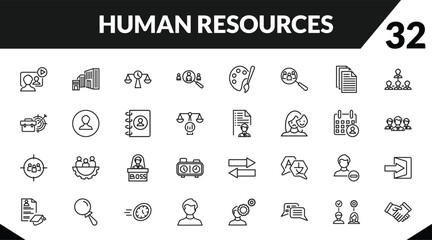 outline human resources icons set. editable linear company, time balance, recruitment, and other 29 icons in this category isolated on transparent background.