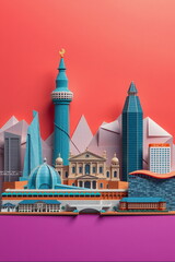 Naklejka premium Macau city poster in origami style. Layered folded paper image with skyline, panorama, landmarks, casino for flyer, postcard, print