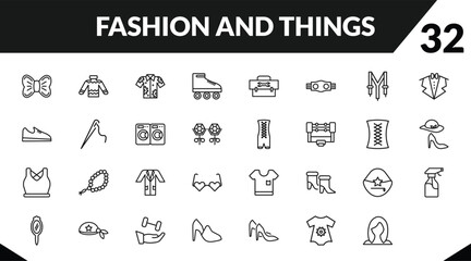 outline fashion and things icons set. editable linear skein, hawaiian, roller skater, and other 29 icons in this category isolated on transparent background.