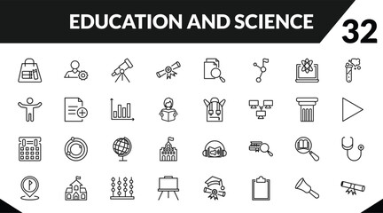 outline education and science icons set. editable linear users tings, telescope, diploma with a ribbon, and other 29 icons in this category isolated on transparent background.