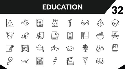 outline education icons set. editable linear chemical formula, adding hine, florence flask, and other 29 icons in this category isolated on transparent background.