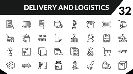 outline delivery and logistics icons set. editable linear cargo train, charter, delivery tings, and other 29 icons in this category isolated on transparent background.
