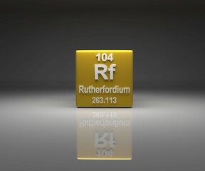Cube with Rutherfordium number 104 periodic table, 3d rendering