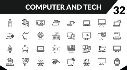 outline computer and tech icons set. editable linear internet server, 3d screen, computer folder, and other 29 icons in this category isolated on transparent background.