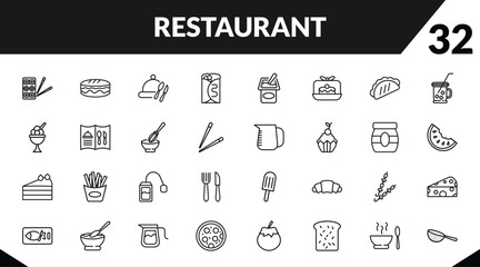 outline restaurant icons set. editable linear long sandwich, tray and cover, crepe and cream, and other 29 icons in this category isolated on transparent background.