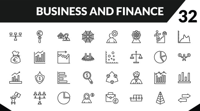 outline business and finance icons set. editable linear euro under magnifier, mortgage and man, spider chart, and other 29 icons in this category isolated on transparent background.