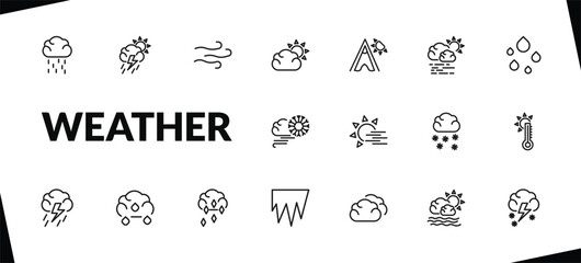outline weather icons set. editable linear stormy, breeze, clouds and sun, and other 15 icons in this category isolated on transparent background.