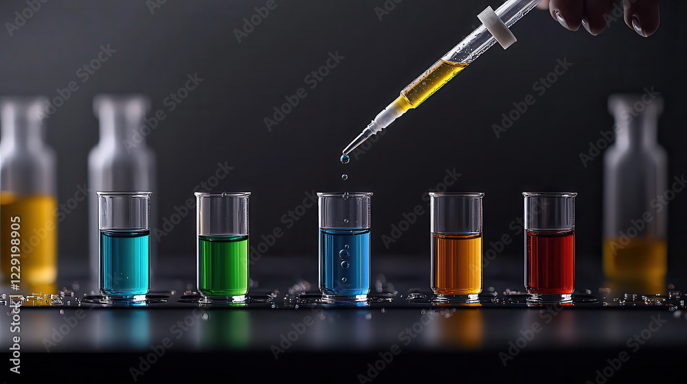 Aufkleber close up of researcher using pipette to add liquid to colorful test tubes in laboratory setting, sho