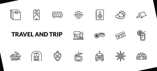 outline travel and trip icons set. editable linear mobile map, motorhome, sun, and other 15 icons in this category isolated on transparent background.