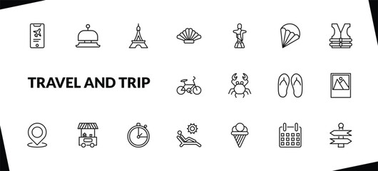 outline travel and trip icons set. editable linear hotel bell, eiffel tower, shell, and other 15 icons in this category isolated on transparent background.