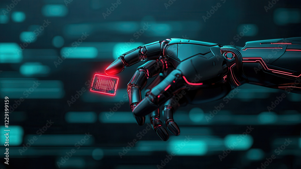 Poster close up of humanoid robot hand holding glowing data chip, showcasing advanced technology and futuri